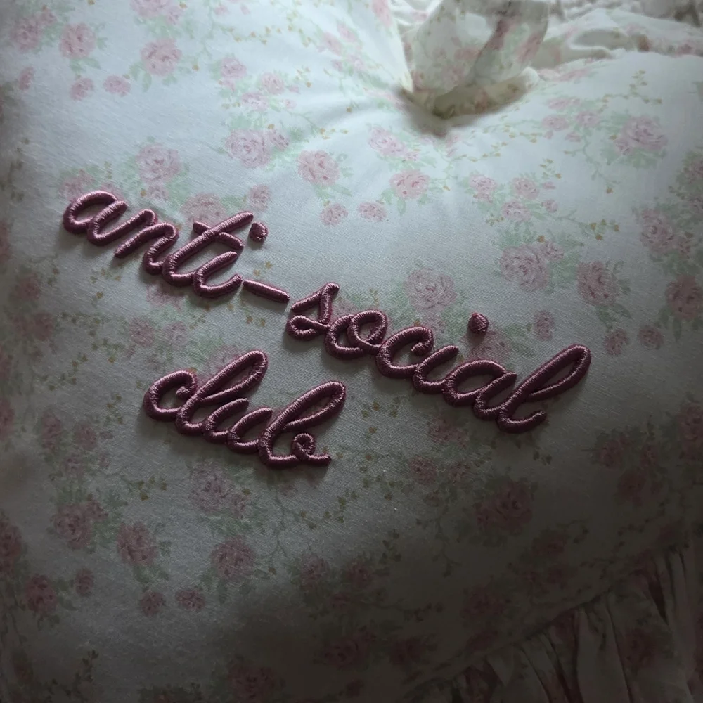 Stylehouse Anti Social Club Pink Floral Embroidered Ruffled Heart Pillow